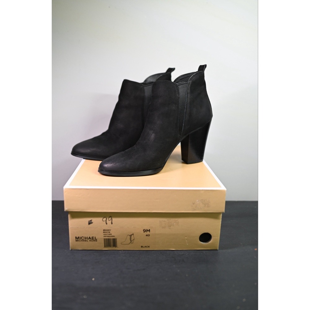 Michael Kors Brandy Black Leather Booties Block Heel Ankle Boots Womens 9M